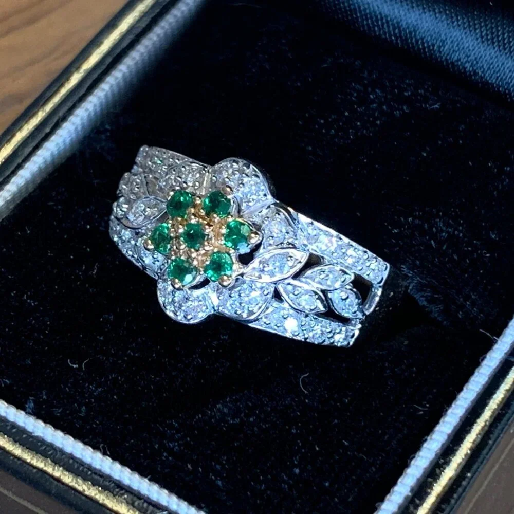 Tsavorite Green Garnet Diamond 14K Gold Ring Flower Leaves New Old Stock Sz 8
